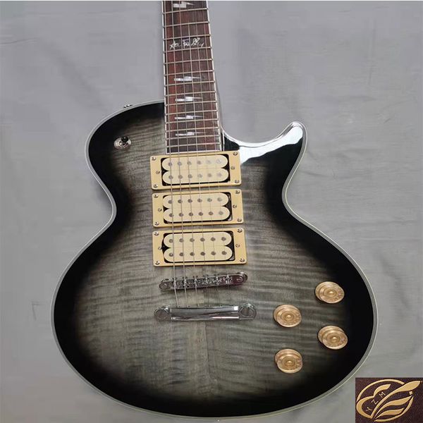 Elektro Gitar 6 Dizeleri Kaplan Deseni Koyu Gri Gümüş Aksesuarlar Gülağacı Klavye Üst Gitar Desteği Özelleştirilmiş Gu