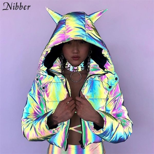 

nibber winter rainbow reflective warm jacket women fall winter hooded short jacket mujer neon color leisure jacket t200212, Black;brown