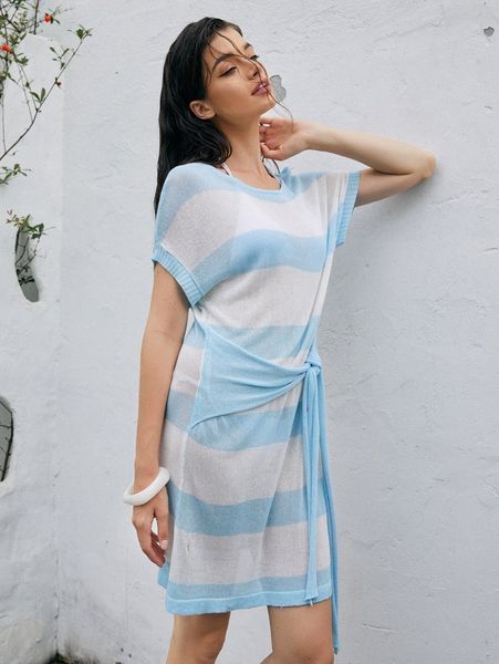 

tie front two tone cover up without bikini c1pi#, White;black