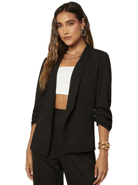 

shawl collar ruched sleeve open front blazer r57m#, White