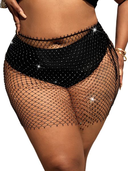 

plus rhinestone studded beach skirt 55om#, Black