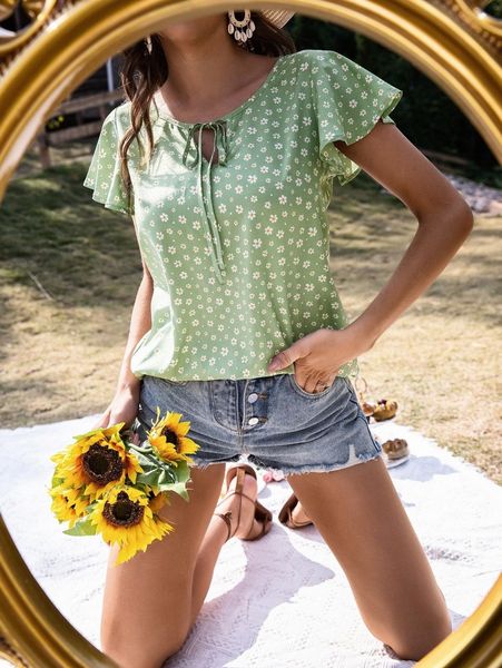 

allover floral print tie neck butterfly sleeve blouse v1wl#, White