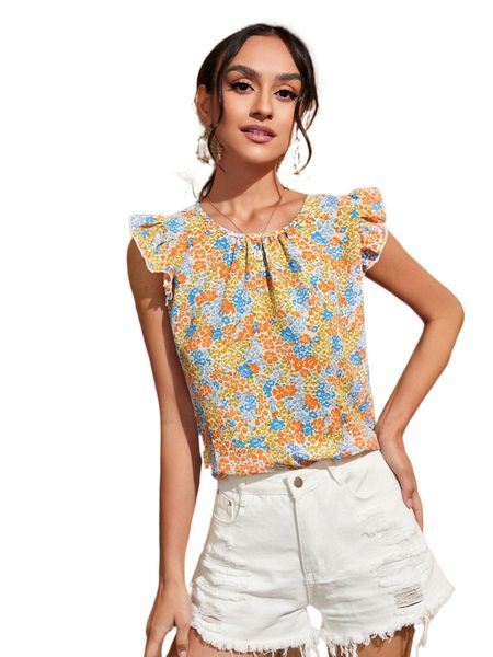 

ruffle trim allover floral print k2zz#, White