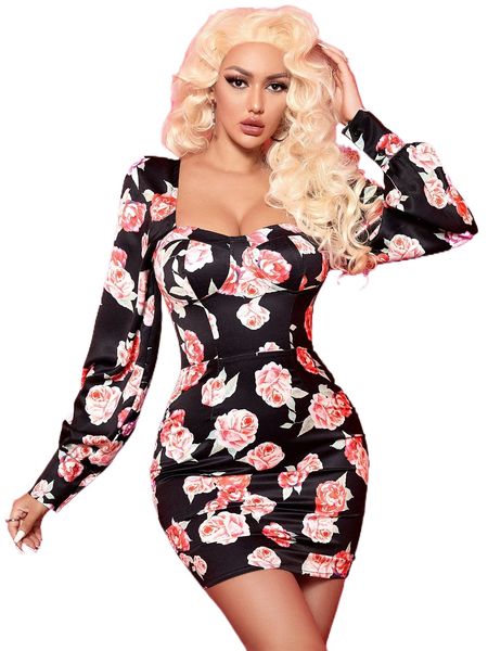 

floral print backless satin bodycon dress j9x1#, Black;gray