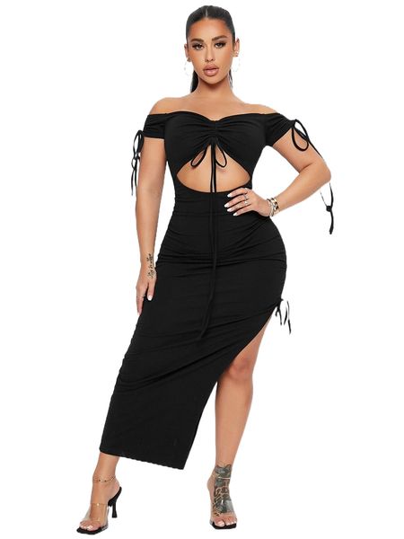 

off shoulder ruched knot cut-out split thigh bodycon dress d6jv#, Black;gray