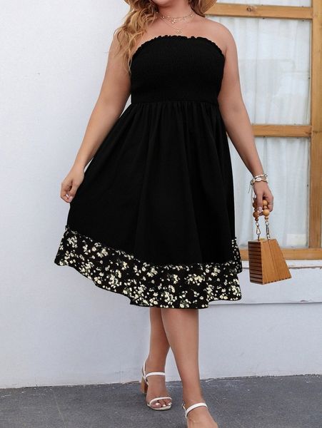 

plus ditsy floral shirred frill trim tube dress t3tt#, Black
