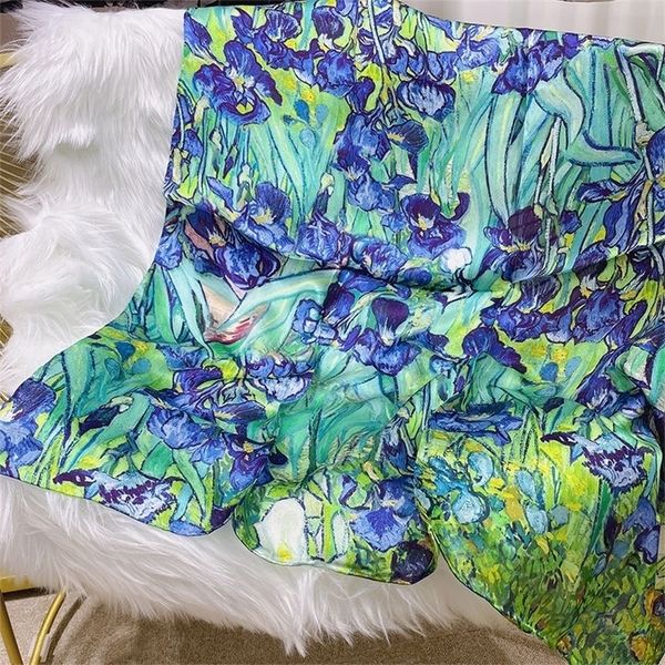 

100% pure silk mulberry silk scarf print oil painting scenery luxury silk scarf female 88cm satin large square scarf shawl 220511, Blue;gray