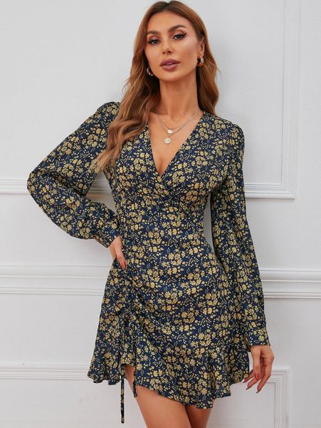 

floral print drawstring ruffle hem dress t9ac#, Black;gray