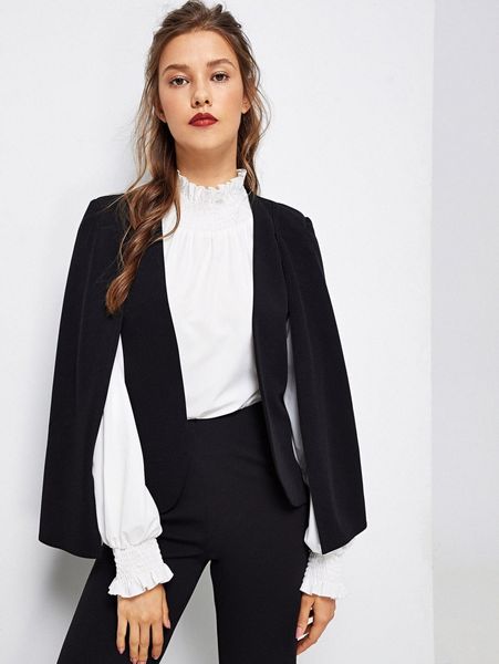 

cloak sleeve open front blazer 793v#, White