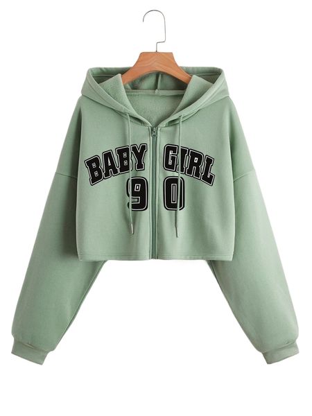 

letter graphic drop shoulder zip up drawstring thermal hoodie a08d#, Black