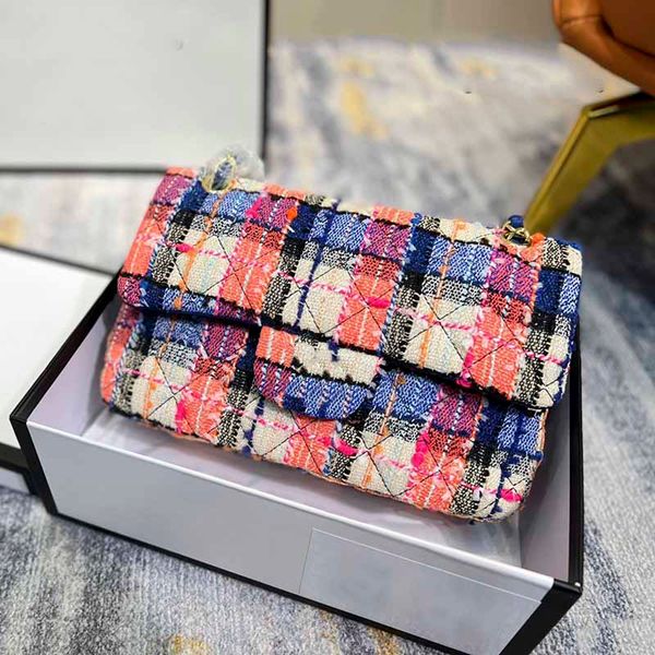 

21ss ladies two-tone double flap bags tweed classic crochet multicolor handbags gold-tone metal chain hardware badge shoulder designer bags
