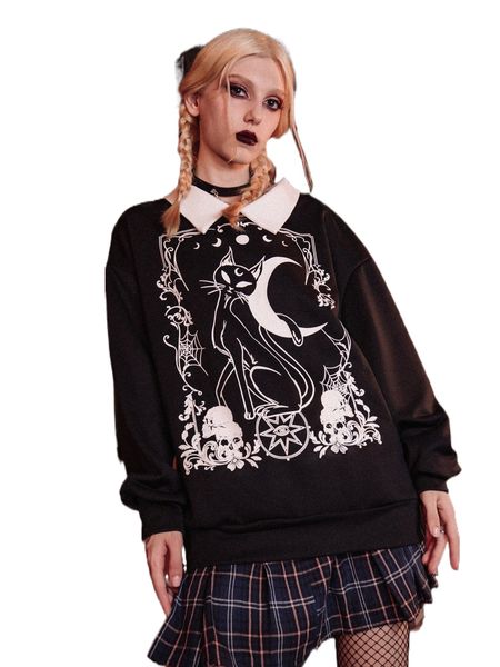 

romwe dark academia skull & cat graphic contrast collar sweatshirt r3av#, Black