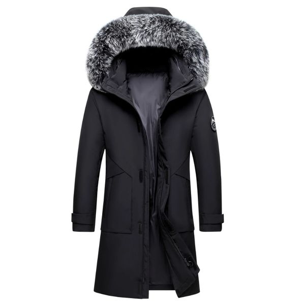 

down jacket men winter coat hooded big fur collar thick warm outerwear overcoat long jackets windbreakers plus size, Black