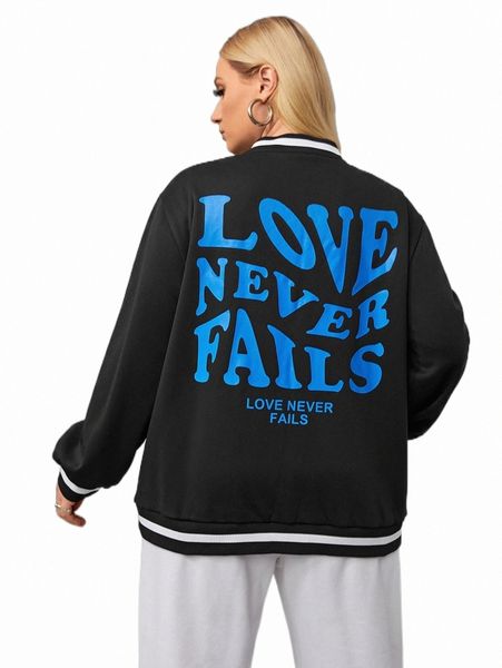 

plus slogan graphic striped trim bomber jacket w7oi#, Black