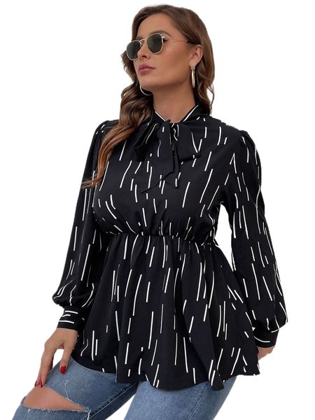 

plus allover print lantern sleeve tie neck peplum blouse t0cb#, Black