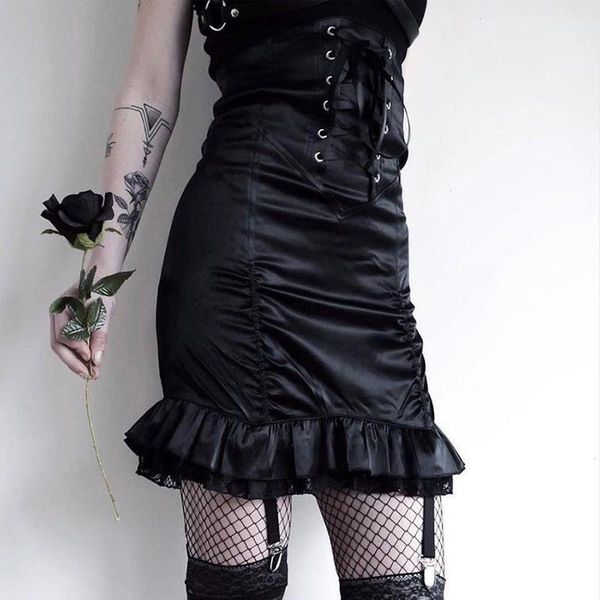 

y2k selling stitching bandage wrinkled lace edge high waist skirt plastic temptation, Black