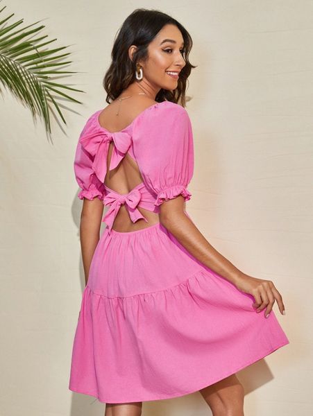

tie back puff sleeve dress x5h9#, Black;gray