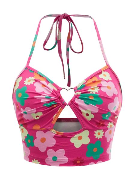 

floral print heart-ring cutout tie backless crop halter j606#, White