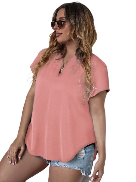 

plus notched neck puff sleeve curved hem blouse t7t5#, Black