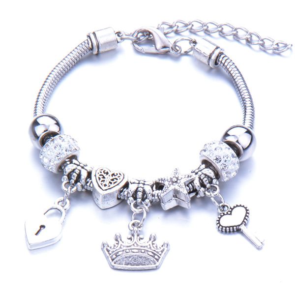 

antique original crown key lock shape charm bracelet ladies glass beads brand bracelets and bracelets jewelry gift a137, Golden;silver