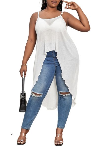

plus lettuce trim high low hem cami without bra m9kl#, Black