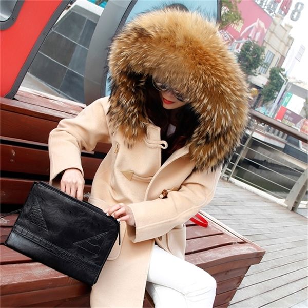Max pêlo no mesmo estilo guanco de pele grande colarinho com capuz Buzão de chifre de lã casaco de lã para mulheres roupas de inverno jaqueta feminina 201215