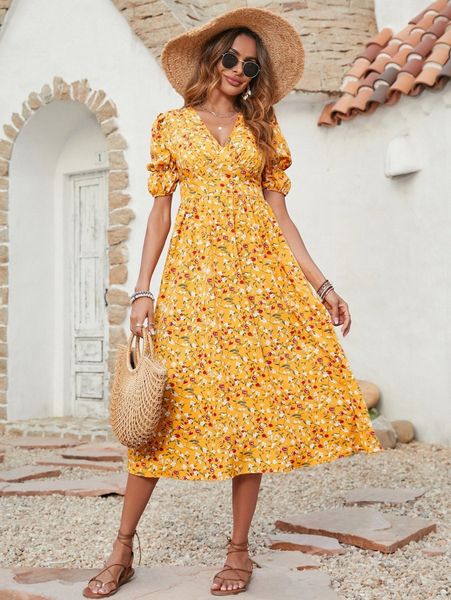 

ditsy floral puff sleeve dress k1rz#, Black;gray