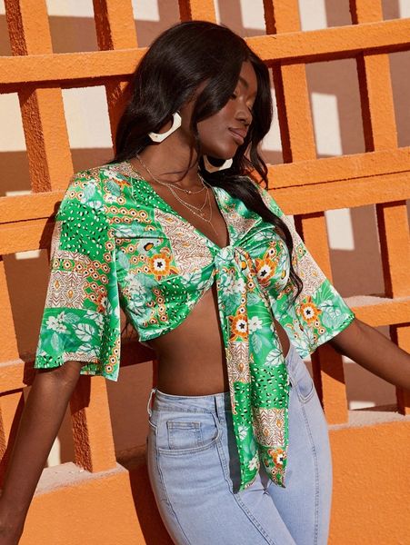 

patchwork print trumpet sleeve tie front crop blouse 28a3#, White