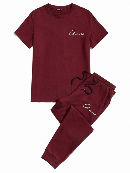 

men letter graphic tee and drawstring waist joggers set e7na#, Gray