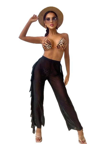 

3pack leopard halter triangle thong bikini swimsuit & cover up pants z115#, White;black