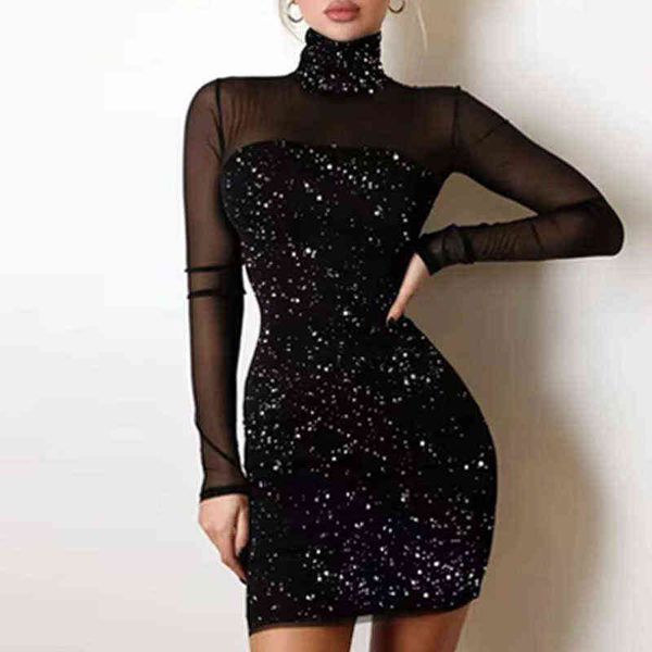 

new spring turtleneck shiny silk club party dress women elegant patchwork hollow out dress autumn mesh long sleeve bodycon dress t220804, Black;gray