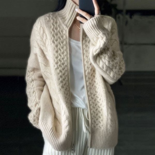 Estação europeia outono e inverno grosso de gola alta cashmere malha cardigan mulher solta fina zíper camisola casaco de lã 220325