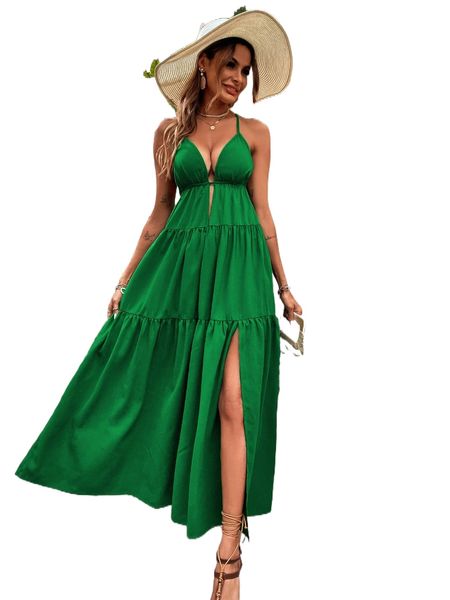 

criss cross backless split thigh maxi dress j26r#, Black;gray