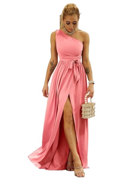 

joyfunear twist shoulder belted split thigh dress f0je#, Black;gray