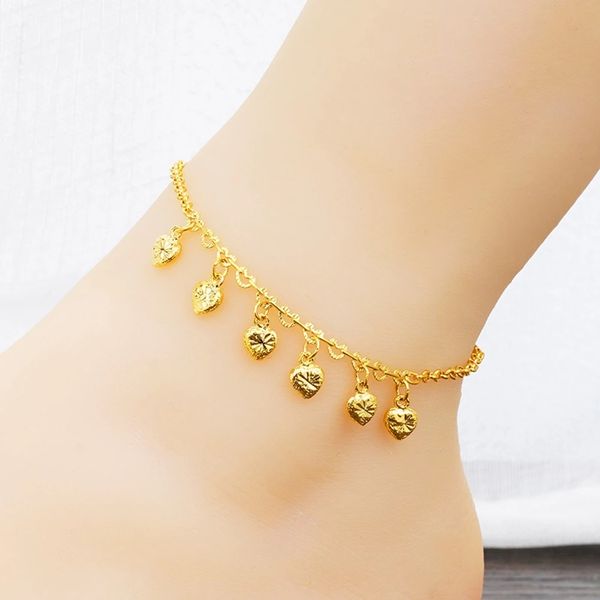 Женский летний браслет в форме сердца с колокольчиком и кисточкой, цепочка на ногу из желтого золота 18 карат, шарм на ногу для босиком, красивые украшения
