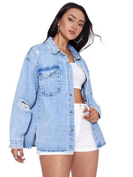 

ripped frayed drop shoulder denim jacket x7ef#, Black;brown