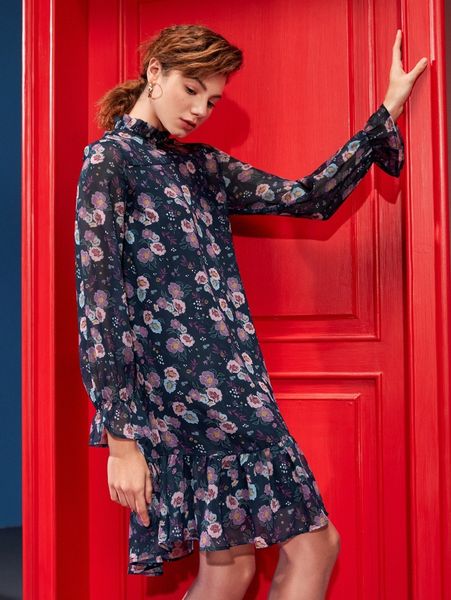 

x pchawj floral print flounce sleeve ruffle hem dress with camisole k0bc#, Black;gray