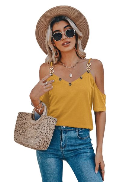 

cold shoulder chain button detail tee 108b#, White