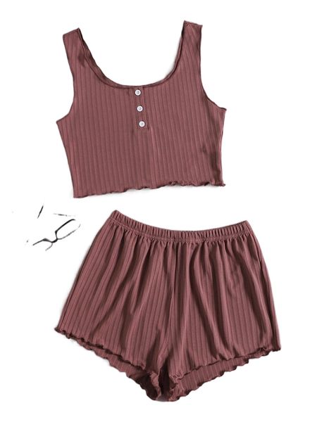 

ribbed knit button front lettuce trim tank & shorts pj set r1b9#, Black;red