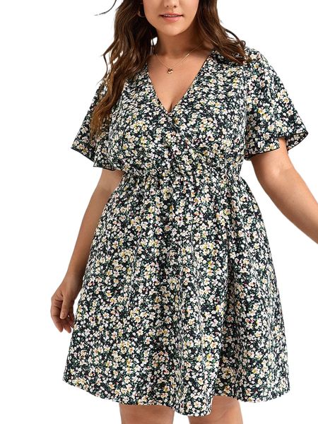 

plus ditsy floral print butterfly sleeve a-line dress w8ht#, Black
