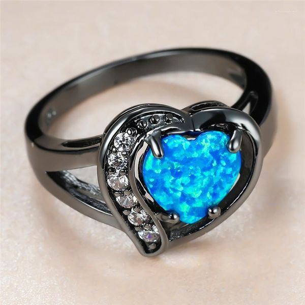 Fedi nuziali Carino femminile cuore blu opale pietra anello fascino 14KT oro nero per le donne sposa di lusso cristallo grande fidanzamento Edwi22