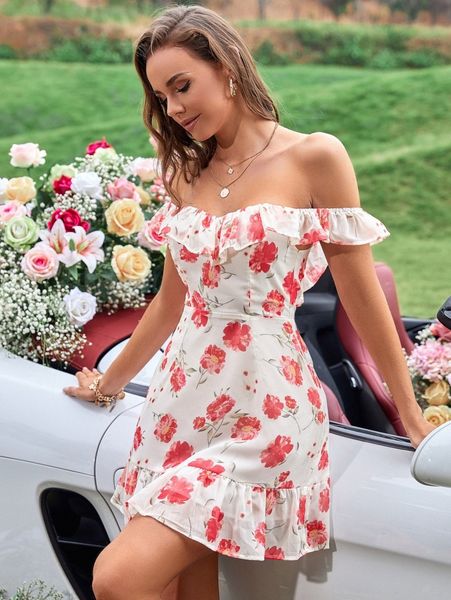 

random floral print off shoulder ruffle trim chiffon dress o6ug#, Black;gray