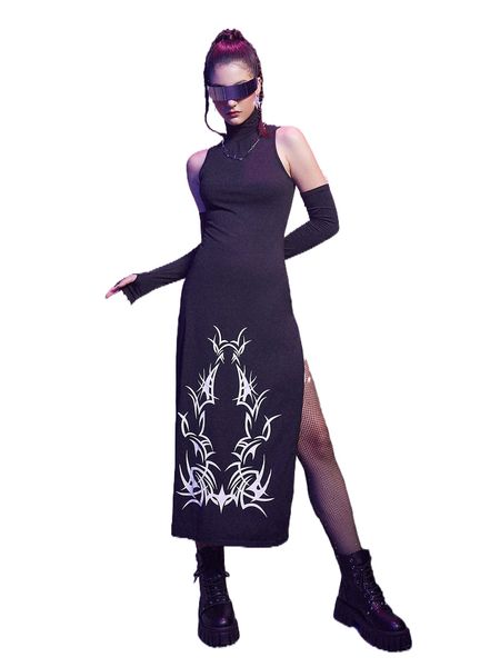 

romwe cyber luvr graphic split dress & 1pair oversleeves y1bm#, Black;gray