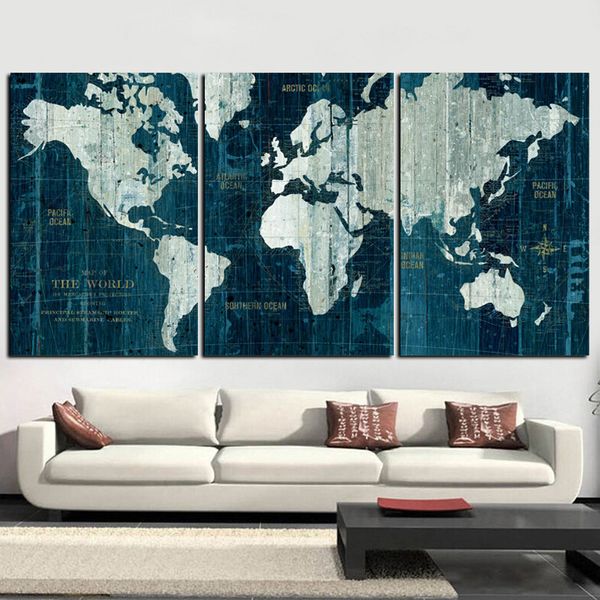 3Panel Retro World Mapa Pintura HD Impressão na tela Classic PACIFC Modular Wall Painting Sofá Cuadros Art Picture for Living Room