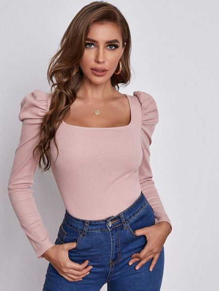

square neck leg-of-mutton sleeve u0te#, White