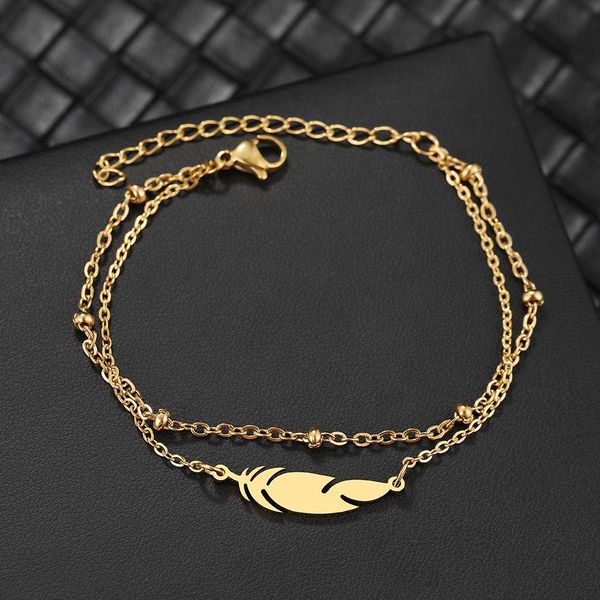 

stainless steel bracelets multilayer bead strand chain feather pendant fashion, Black