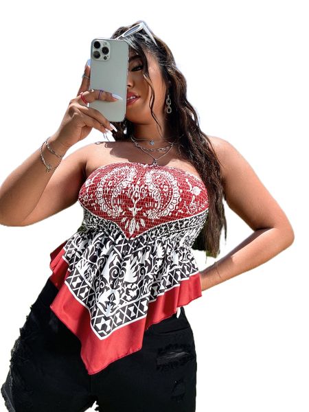 

plus paisley & plant print shirred asymmetrical hem tube y5h5#, Black