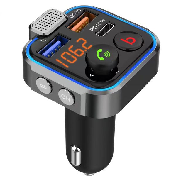 Transmisor FM Bluetooth Adaptador de coche FM inalámbrico Reproductor de música MP3 Coches FM Radio Receptor de audio QC3.0 Tipo C 20W PD Carga rápida rápida 3 puertos USB Kit de cargador