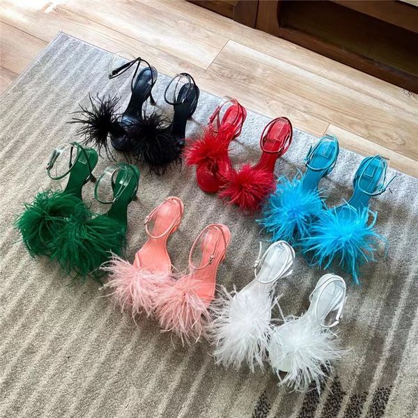 

sandals heeled sandal heels for women elegant design 2022 feather custom writing welcome stiletto casual wear bigger large size 39/41 us 6-1, Black