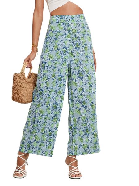 

allover floral print wide leg pants a7at#, Black;white